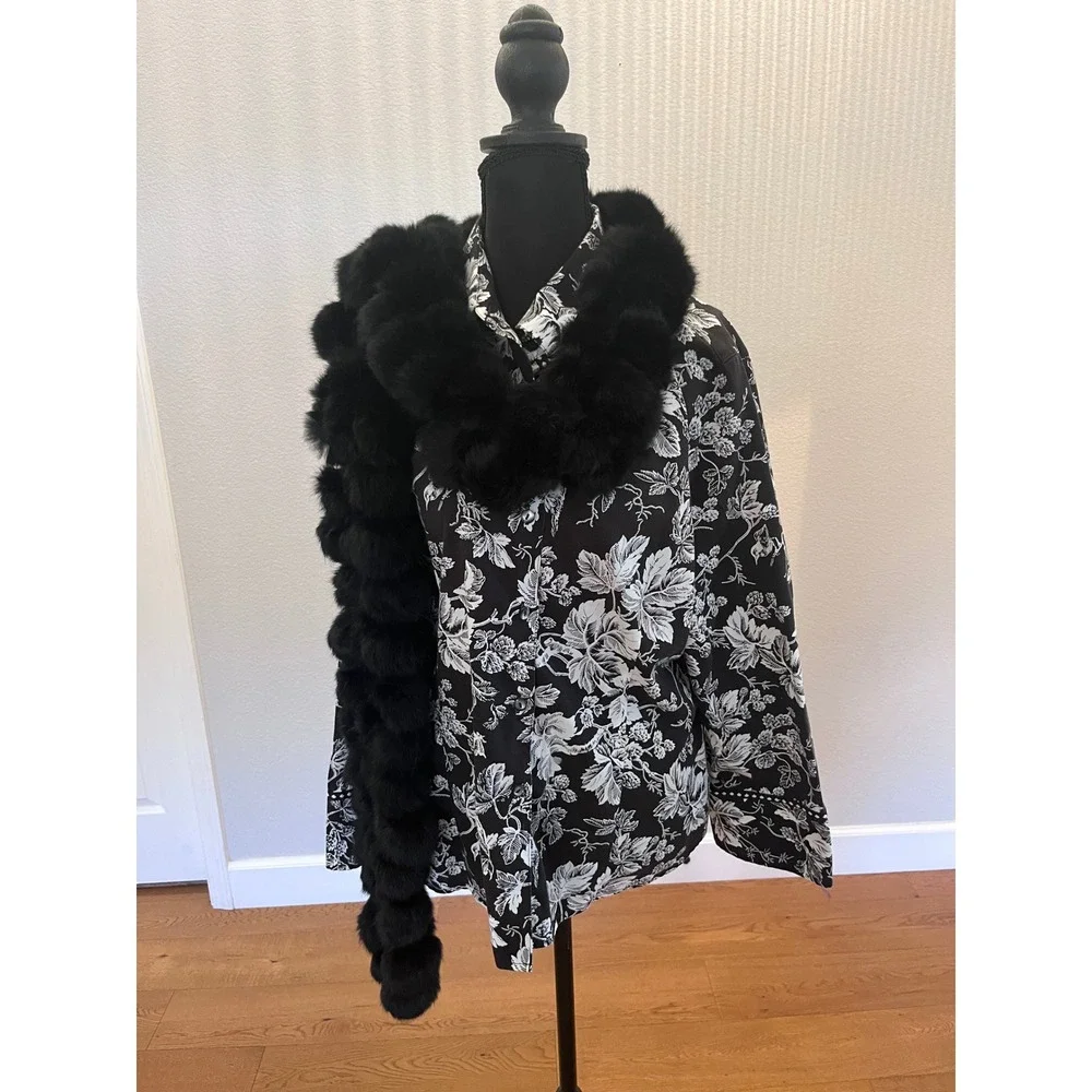 Vintage Genuine Rabbit Fur Pom Pom Scarf Black Luxe Winter Wrap 70